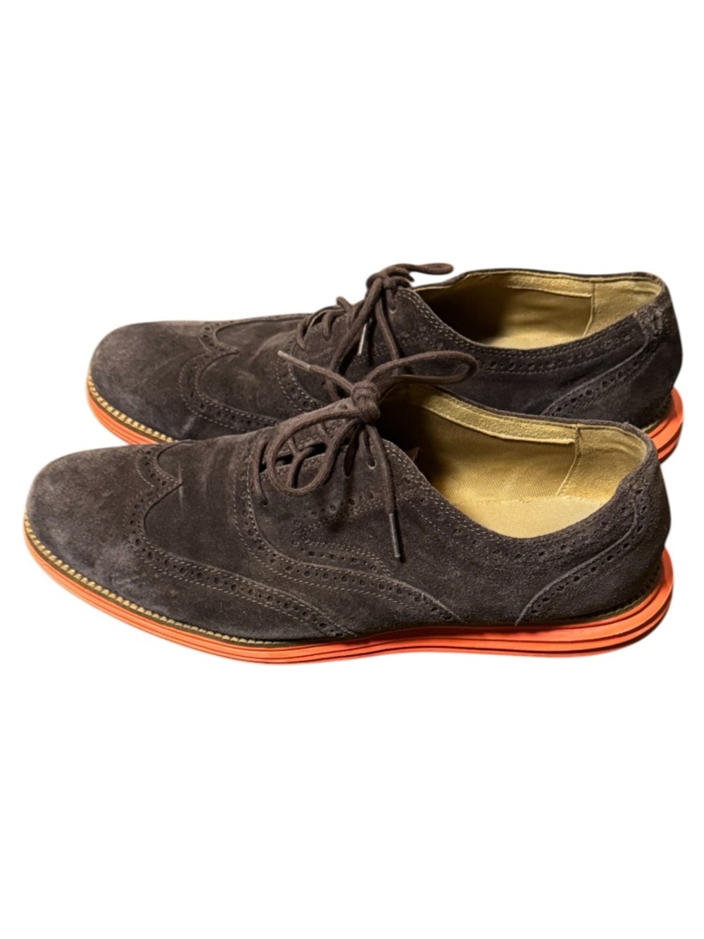 Cole Haan Brown Suede Wingtip Oxfords with Orange Contrast Sole Mens Size 11M
